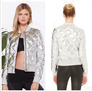 ALO Yoga Silver Quilted Bomber Jacket | Metallic Puffer | XS